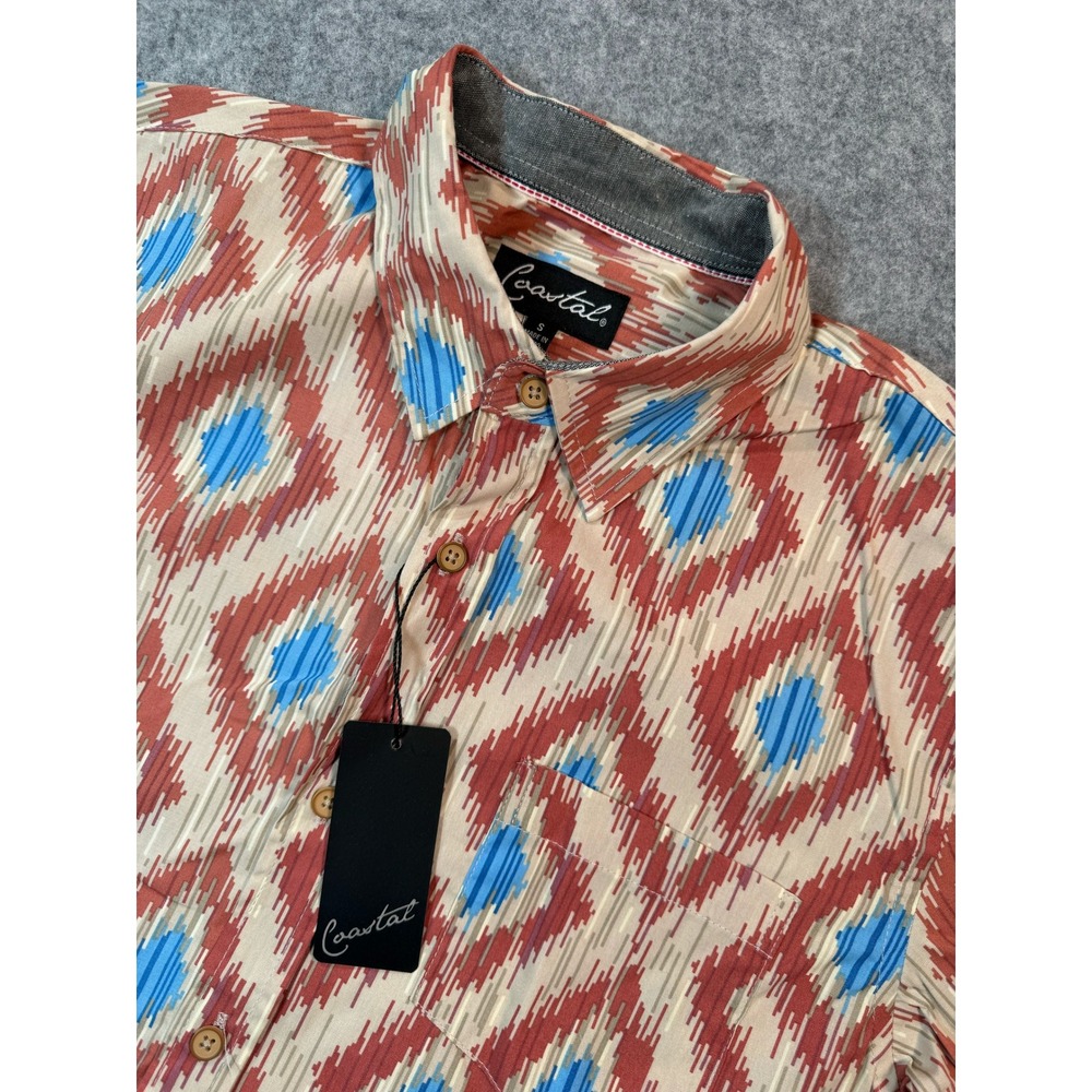 Coastal Mens Small Ikat Diamond Print Short Sleeve Button Up Shirt Red Blue NEW